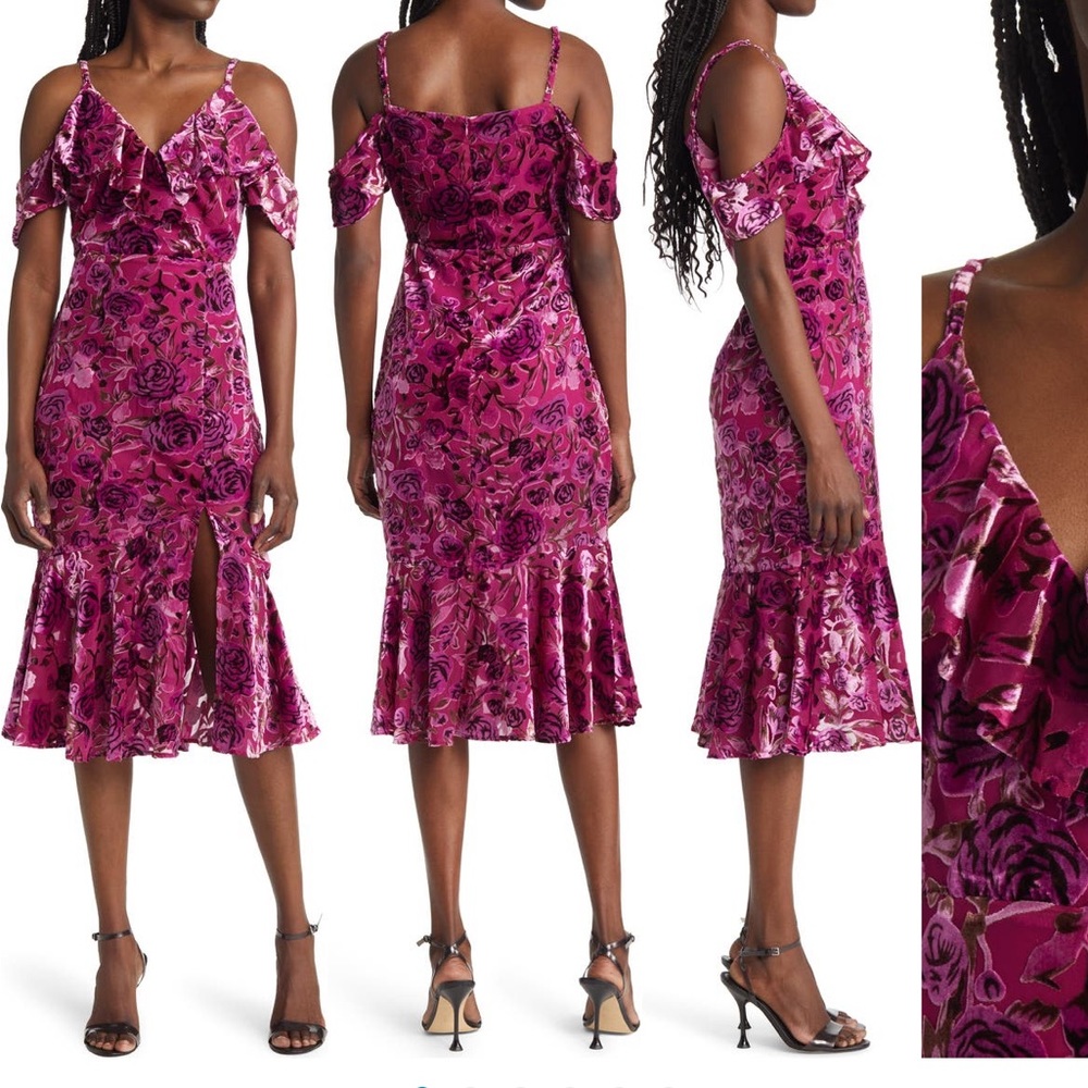 Lulus Floral Ruffle Trim Cold Shoulder Dress
